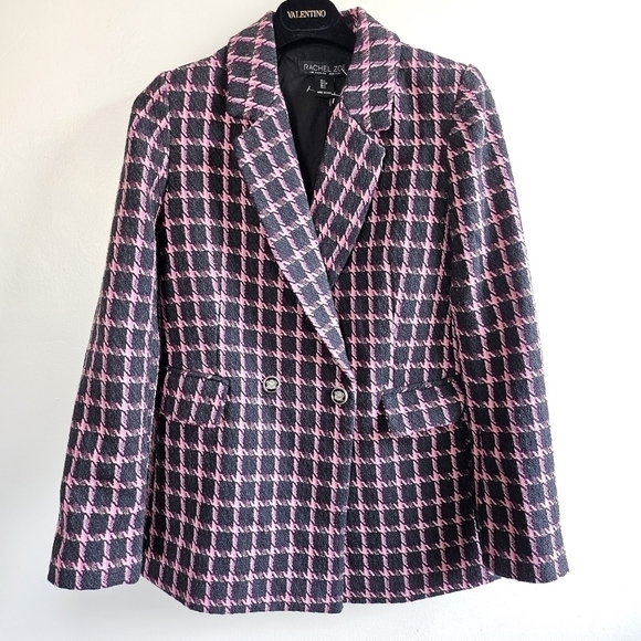 New Rachel Zoe Tweed Plaid Double Beasted Wool Blend Black/Pink Blazer NWT Small - Picture 4 of 10